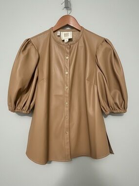 Emily McCarthy Faux Leather Camel Puff Sleeve Button Up Blouse size M